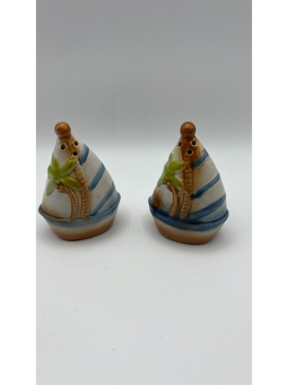 Sailboat Ceramic Salt & Pepper Shaker Set Hand-Painted Nautical Decor Palm Tree